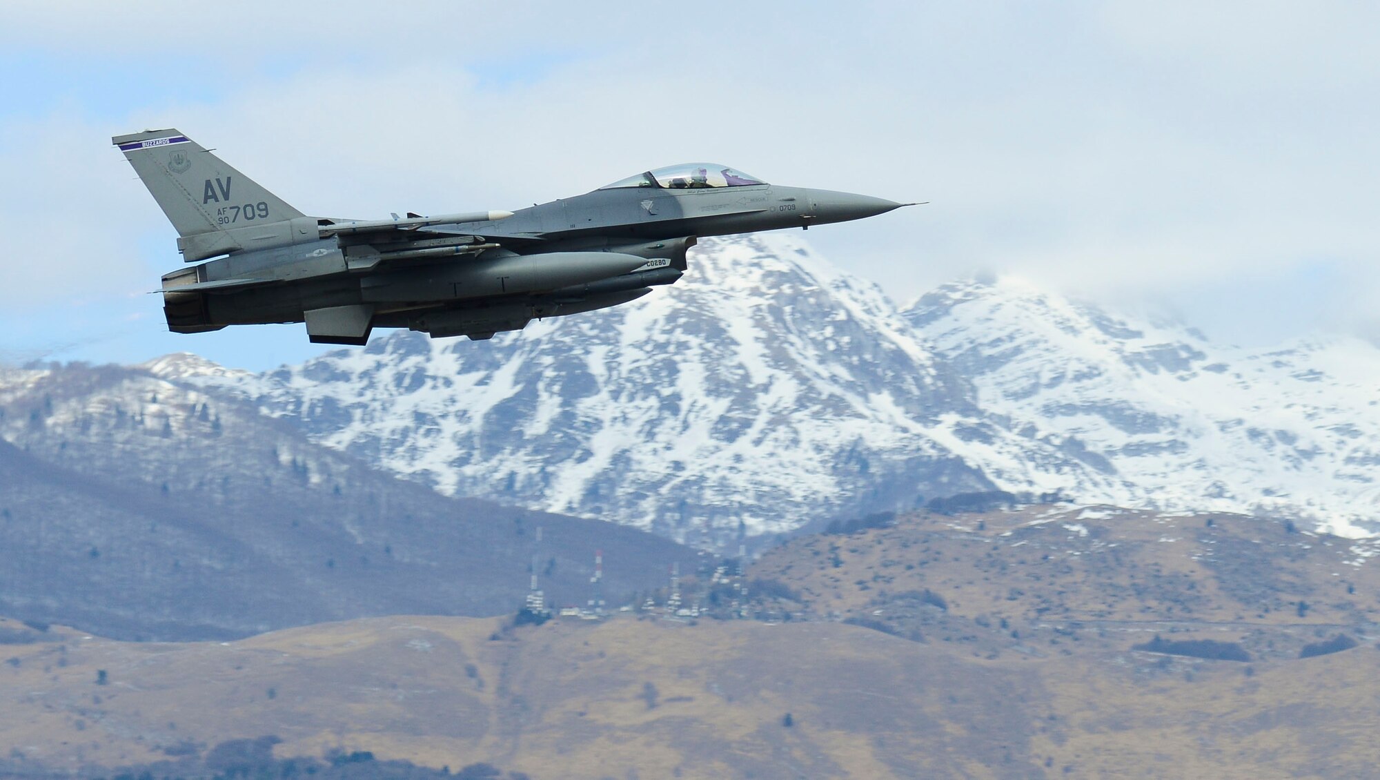 A U.S. Air Force F-16 Fighting Falcon from the 510th Fighter Squadron takes off in support of exercise Iron Hand, March 4, 2015, at Aviano Air Base, Italy. The exercise, which included aircraft from Aviano and RAF Base Mildenhall, England, was designed to enhance interoperability. (U.S. Air Force photo by Senior Airman Austin Harvill/Released)