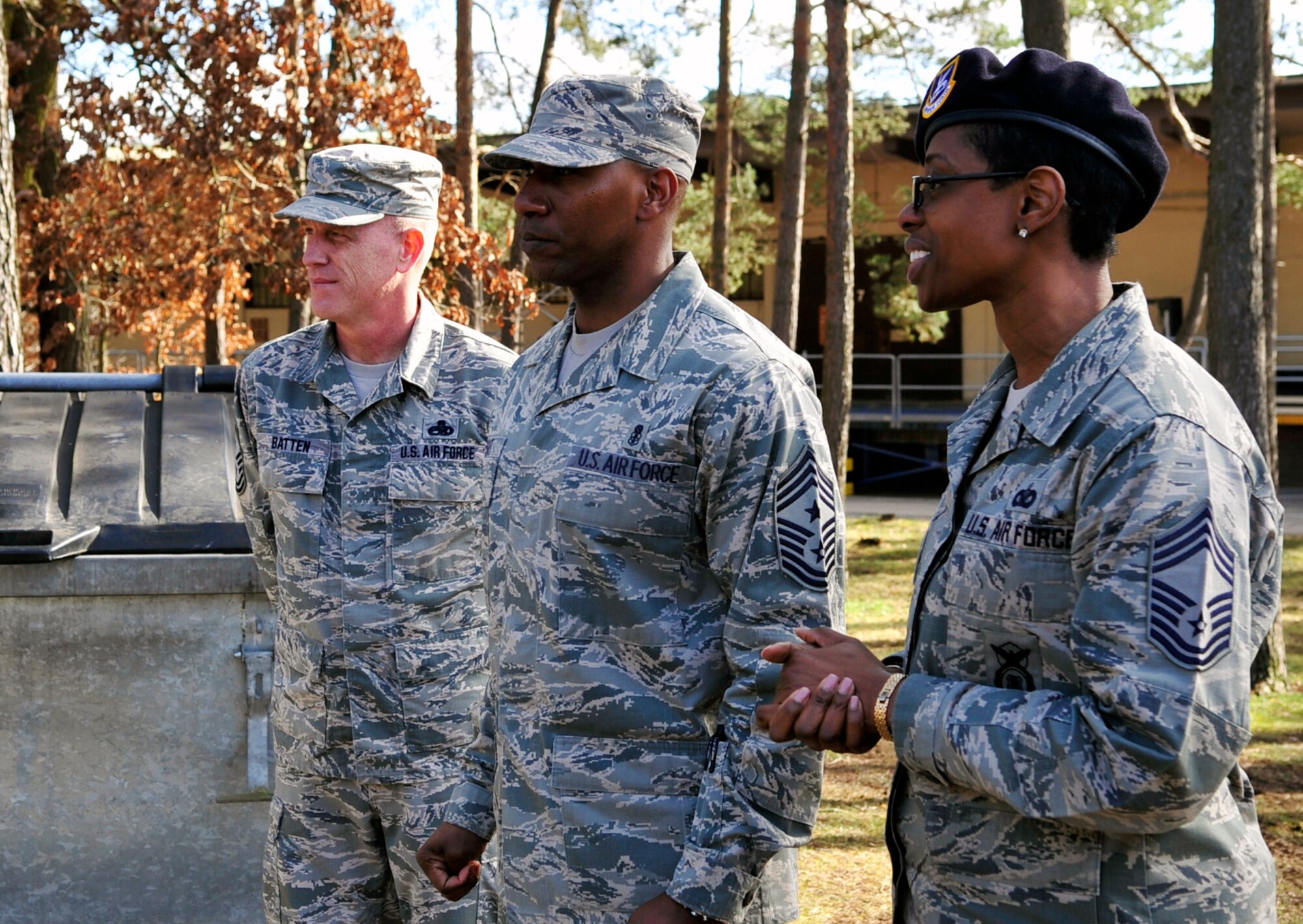 Chief Master Sgt. Kaleth Wright, 3rd Air Force command chief master sergeant, visits the 86th Security Forces kennels during his immersion tour on March 2, 2015, at Ramstein Air Base, Germany. Airmen here had the opportunity to demonstrate their capabilities and speak to Wright about his experiences and Air Force current events. (U.S. Air Force photo/Airman 1st Class Larissa Greatwood) 