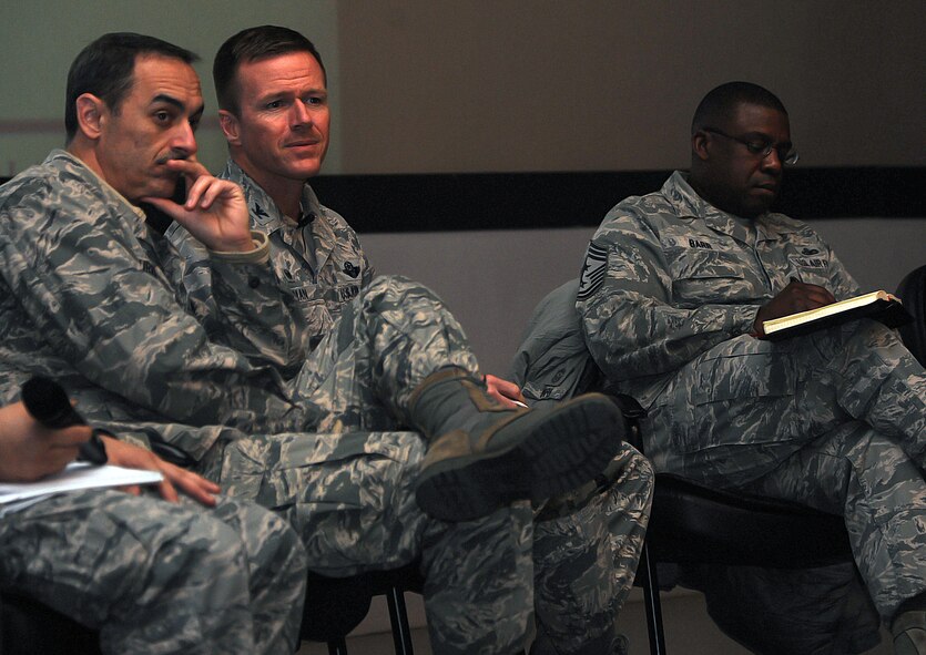 (From left to right) Col. Dennis “Falcon” Curran, 8th Mission Support Group commander, Col. Ken “Wolf” Ekman, 8th Fighter Wing commander, and Chief Master Sgt. Lee “Wolf Chief” Barr, listen as an Airman poses a question during the Wolf Pack town hall meeting at Kunsan Air Base, Republic of Korea, Mar. 10, 2015. An eight-member panel of 8th FW leadership held three town hall sessions throughout the day for Airmen to meet and discuss their concerns regarding base support issues. (U.S. Air Force photo by Senior Airman Divine Cox/Released)