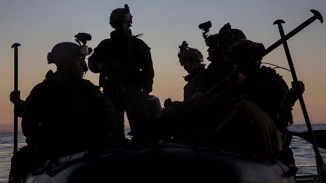 U.S. Marines with the 15th Marine Expeditionary Unit’s Maritime Raid Force prepare to disembark the USS Essex (LHD 2) during Amphibious Squadron/Marine Expeditionary Unit Integration Training (PMINT) off the coast of San Diego March 4, 2015. These Marines are practicing a variety of full-mission profiles so they are well-prepared for anything that comes up during their deployment. 