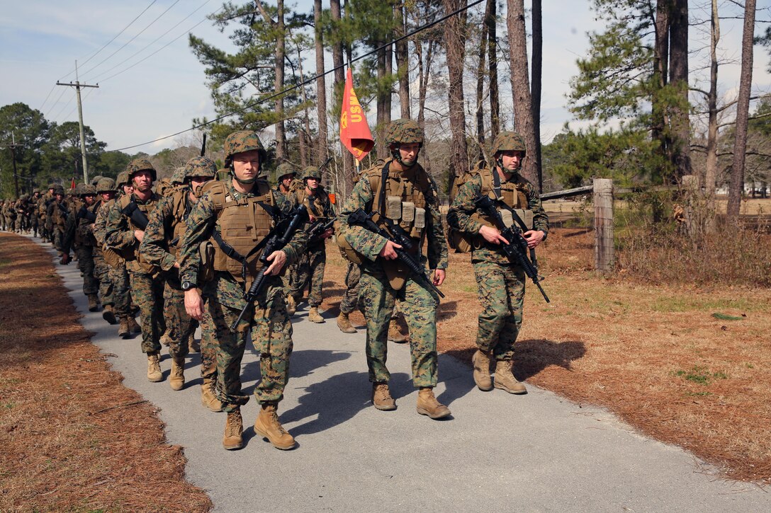Marines with Marine Wing Communication Squadron 28 take part in a 10-mile squadron conditioning hike at Marine Corps Air Station Cherry Point, N.C. March 5, 2015. The hike was the capstone event of the squadron’s biannual Leonidas Award competition, which pitted Marines from the squadron’s three companies against one another for a place in MWCS-28 history. The Leonidas Award serves to build camaraderie and esprit de corps within the noncommissioned officer and junior ranks of the squadron.