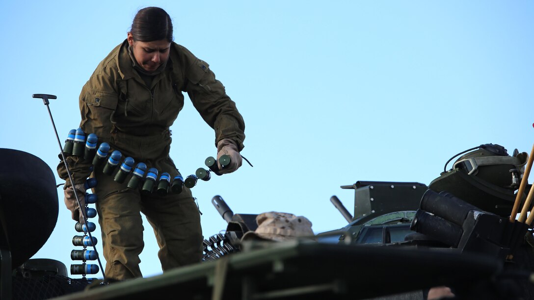 Sgt. Yesenia A. Nepita, crew chief, Amphibious Assault Vehicle Platoon, Company B, Ground Combat Element Integrated Task Force, prepares to load a Mk-19 40 mm automatic grenade launcher atop an AAV during the assessment at Range 500, Marine Corps Air Ground Combat Center Twentynine Palms, California, March 3, 2015. From October 2014 to July 2015, the GCEITF will conduct individual and collective level skills training in designated ground combat arms occupational specialties in order to facilitate the standards-based assessment of the physical performance of Marines in a simulated operating environment performing specific ground combat arms tasks. 