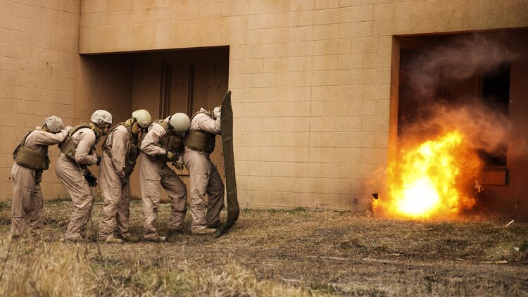 Marines with 2nd Explosive Ordnance Disposal Company, 8th Engineer Support Battalion stand in a line behind a shielding blanket as an explosive charge detonates during a dynamic entry sustainment course at a Military Operations in Urban Terrain exercise aboard Camp Lejeune, N.C., March 9, 2015.  Explosive charges were used to shatter and open doors for quick entry into a secure space, while maintaining the element of surprise.