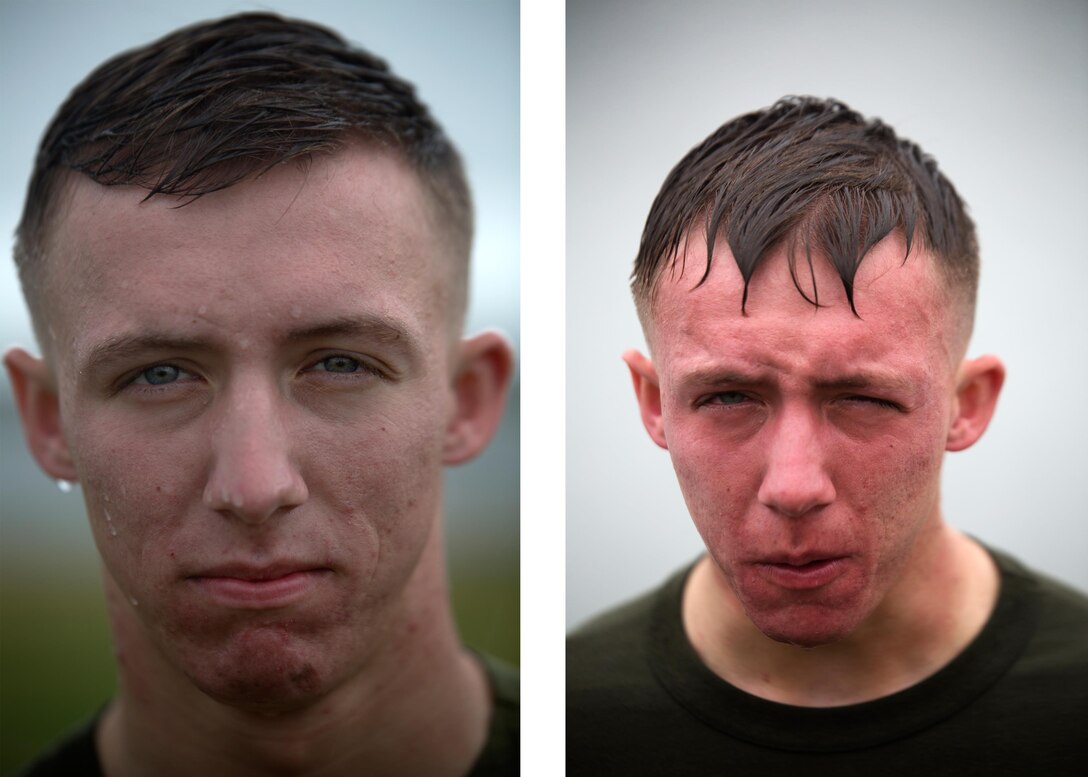 Lance Cpl. Brenton Blackburn poses for a photo before being sprayed with oleoresin capsicum, left, and after, right, March 6 on Marine Corps Air Station Futenma, Okinawa. Blackburn and other Marines temporarily assigned to the security augment force for Marine Corps Installations Pacific-Marine Corps Base Camp Butler, Japan, were introduced to the visceral sensation of the irritant to understand its effects and how to operate if they were exposed while spraying an assailant. Blackburn is Cooper City, Fla., native and an airframe mechanic with Marine Medium Tiltrotor Squadron 265, Marine Aircraft Group 36, 1st Marine Aircraft Wing, III Marine Expeditionary Force. 