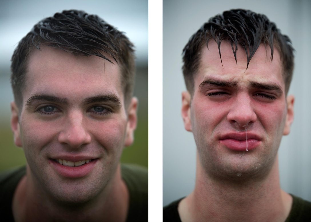 Pfc. Robert Wnetrzak poses for a photo before being sprayed with oleoresin capsicum, left, and after, right, March 6 on Marine Corps Air Station Futenma, Okinawa. Wnetrzak and other Marines temporarily assigned to the security augment force of Marine Corps Installations Pacific-Marine Corps Base Camp Butler, Japan, were introduced to the visceral sensation of the irritant to understand its effects and how to operate if they were exposed while spraying an assailant. Wnetrzak is a Dearborn, Mich., native and an air traffic controller with Headquarters and Headquarters Squadron, MCAS Futenma, MCIPAC.