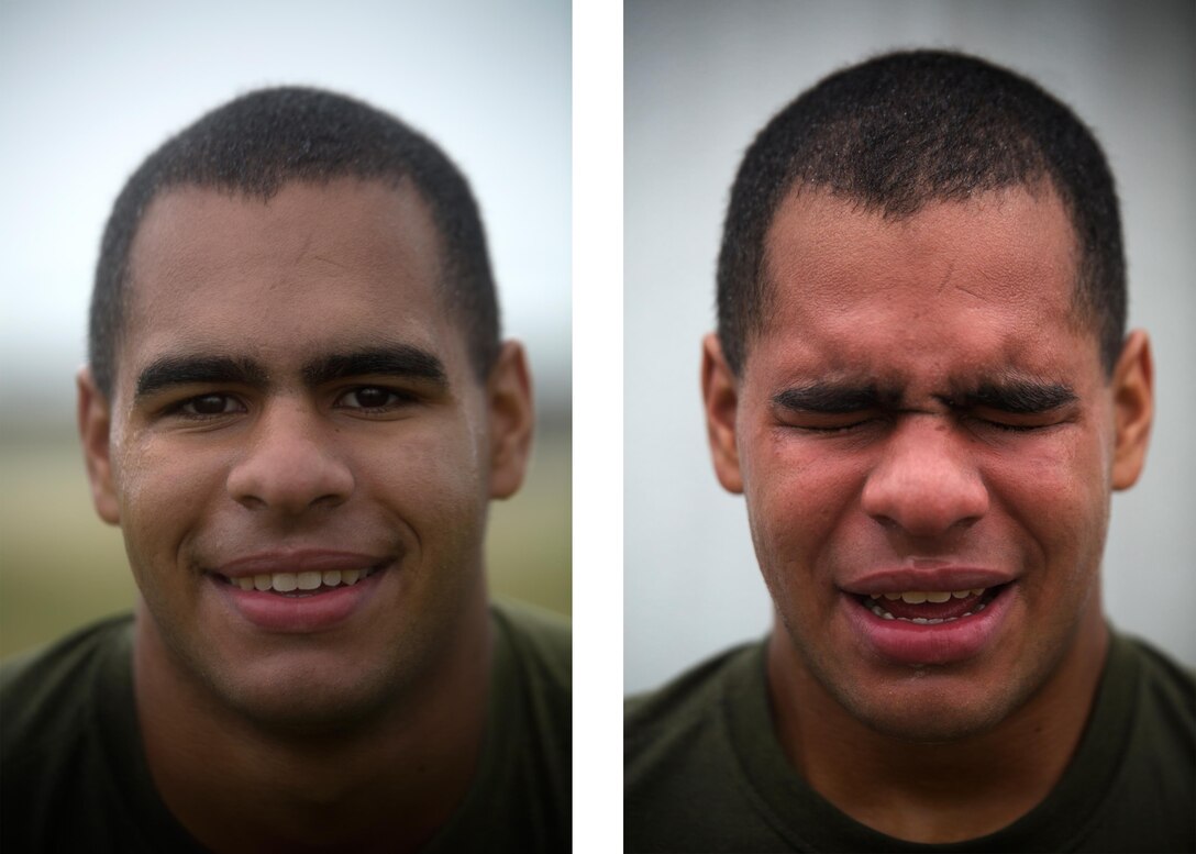 Lance Cpl. Anthony Bello poses for a photo before being sprayed with oleoresin capsicum, left, and after, right, March 6 on Marine Corps Air Station Futenma, Okinawa. Bello and other Marines temporarily assigned to the security augment force of Marine Corps Installations Pacific-Marine Corps Base Camp Butler, Japan, were introduced to the visceral sensation of the irritant to understand its effects and how to operate if they were exposed while spraying an assailant. Bello is an Everett, Mass., native and a rifleman currently assigned to 4th Marine Regiment, 3rd Marine Division, III Marine Expeditionary Force, under the unit deployment program. 