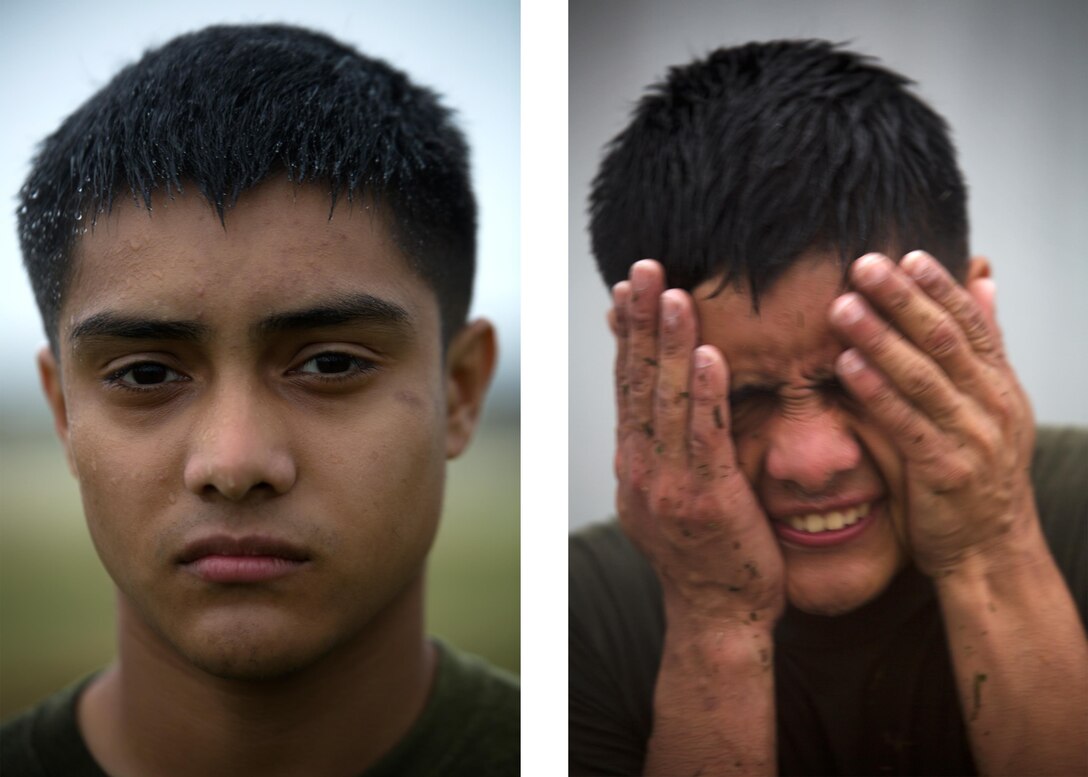 Lance Cpl. Joseph Flores poses for a photo before being sprayed with oleoresin capsicum, left, and attempts to pose after, right, March 6 on Marine Corps Air Station Futenma, Okinawa. Flores and other Marines temporarily assigned to the security augment force for Marine Corps Installations Pacific- Marine Corps Base Camp Butler, Japan, were introduced to the visceral sensation of the irritant to understand its effects and how to operate if they were exposed while spraying an assailant. Flores is a Houston, Texas, native and an aviation communication systems technician with Marine Aviation Support Squadron 2, Marine Air Control Group 18, 1st Marine Aircraft Wing, III Marine Expeditionary Force.