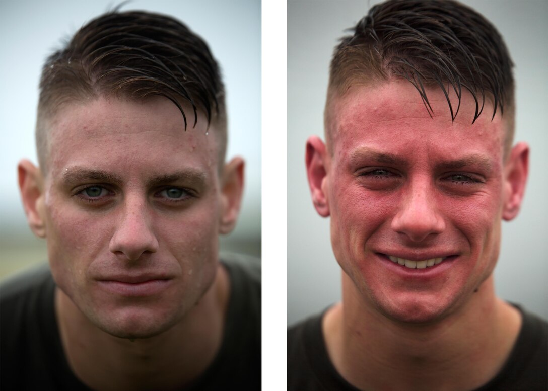 Lance Cpl. Ryan Reuscher poses for a photo before being sprayed with oleoresin capsicum, left, and after, right, March 6 on Marine Corps Air Station Futenma, Okinawa. He and other Marines temporarily assigned to the security augment force of Marine Corps Installations Pacific- Marine Corps Base Camp Butler, Japan, were introduced to the visceral sensation of the irritant to understand its effects and how to operate if they were exposed while spraying an assailant. Reuscher is a Kansas City, Mo., native and an MV-22B Osprey tiltrotor aircraft crew chief with Marine Medium Tiltrotor Squadron 265, Marine Aircraft Group 36, 1st Marine Aircraft Wing, III Marine Expeditionary Force. 