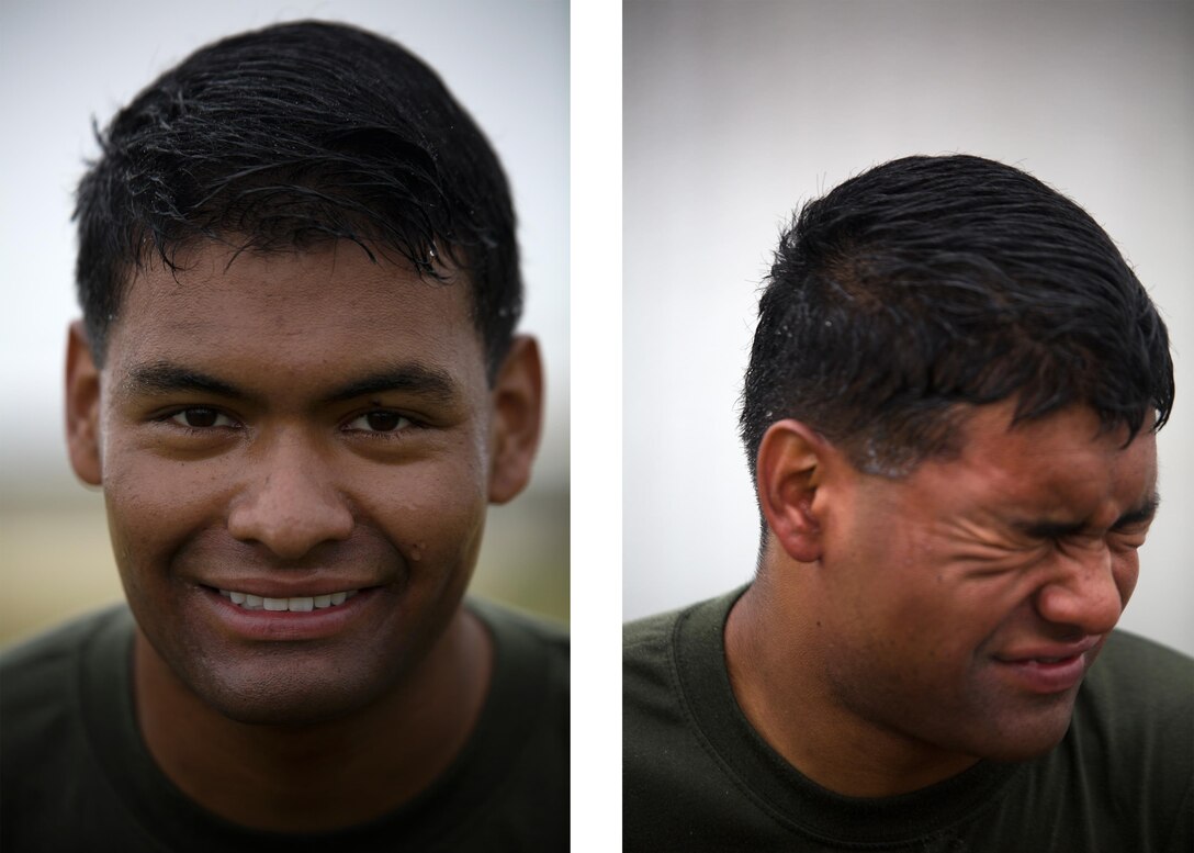 Lance Cpl. Isidro Johnsonsmith poses for a photo before being sprayed with oleoresin capsicum, left, and attempts to pose after, right, March 6 on Marine Corps Air Station Futenma, Okinawa. He and other Marines temporarily assigned to the security augment force for Marine Corps Installations Pacific- Marine Corps Base Camp Butler, Japan, were introduced to the visceral sensation of the irritant to understand its effects and how to operate if they were exposed while spraying an assailant. Johnsonsmith is a San Francisco, Calif., native and an aircraft mechanic with Marine Medium Tiltrotor Squadron 265, Marine Aircraft Group 36, 1st Marine Aircraft Wing, III Marine Expeditionary Force. 
