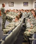 Chief Master Sgt. of the Air Force James Cody speaks with students at Malmstrom Air Force Base’s Airman Leadership School during his tour of the base March 8-10. As he spoke to the students, Cody shared personal stories and lessons he learned as a young Airman, and how those learning lessons developed him into who he is today. (U.S. Air Force photo/Airman 1st Class Collin Schmidt)