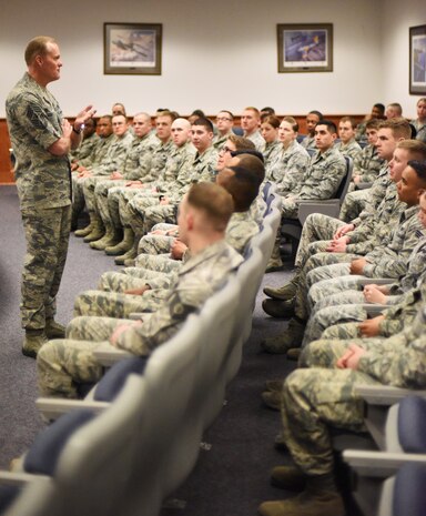 Chief Master Sgt. of the Air Force James Cody speaks with students at Malmstrom Air Force Base’s Airman Leadership School during his tour of the base March 8-10. As he spoke to the students, Cody shared personal stories and lessons he learned as a young Airman, and how those learning lessons developed him into who he is today. (U.S. Air Force photo/Airman 1st Class Collin Schmidt)