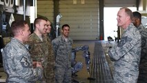 Chief Master Sgt. of the Air Force James Cody (right) speaks with members of Malmstrom Air Force Base’s explosives ordnance disposal team during a tour of the base March 8-10. Cody spent time with the Airmen and learned of their mission at Malmstrom and the additional support they provide to local community law enforcement agencies. (U.S. Air Force photo/Airman 1st Class Collin Schmidt)