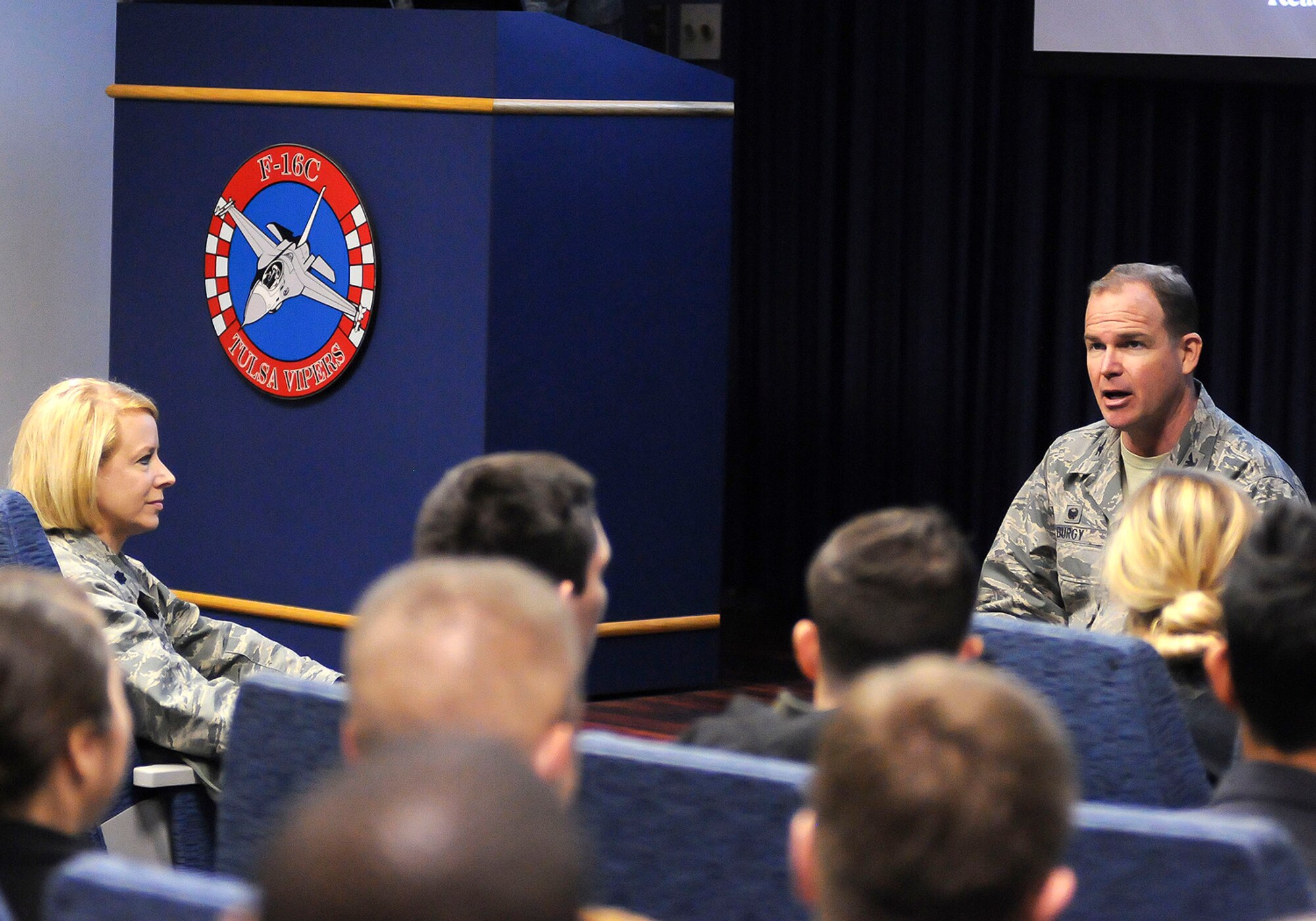 Col. David B. Burgy, 138th Fighter Wing commander, addresses airmen from the 138th Force Support Squadron during a wing commander's town hall meeting 8 March 2015, at the Tulsa Air National Guard base, Okla.   The command staff visited select units on the installation, and plan on rotating visitations throughout all the organizations during future UTA’s.  (U.S. National Guard photo by Tech. Sgt. Roberta A. Thompson/Released)