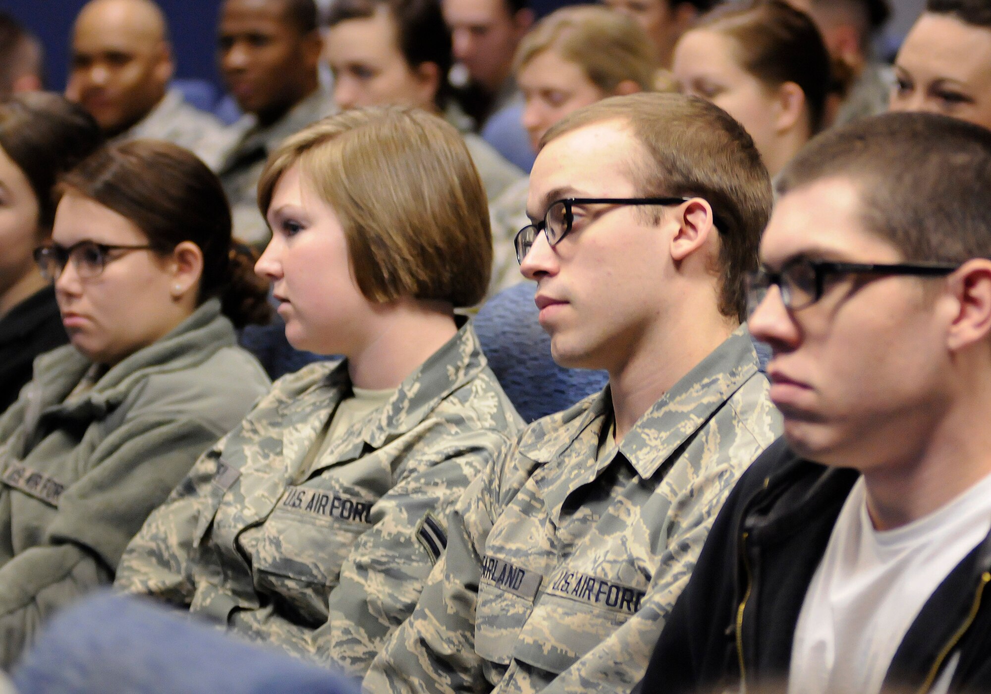 Airmen from the 138th Force Support Squadron attend a wing commander's town hall meeting 8 March 2015, at the Tulsa Air National Guard base, Okla.   The command staff visited select units on the installation, and plan on rotating visitations throughout all the organizations during future UTA’s.  (U.S. National Guard photo by Tech. Sgt. Roberta A. Thompson/Released)