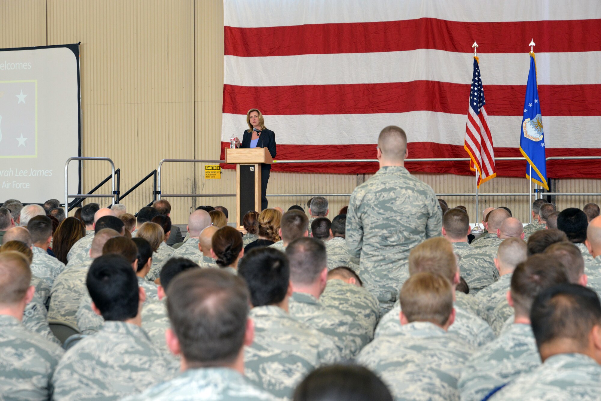 Secretary of the Air Force Deborah Lee James addresses Team Kirtland March 10 during an all-call here. James discussed her top three priorities during an all call here. (U.S. Air Force photo by Ken Moore)