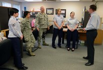 Ken Sylva, right, 341st Force Support Squadron military personnel chief, conducts a training session with members of the MPS staff March 11 at Malmstrom Air Force Base, Mont. Sylva believes it is important to meet regularly with the MPS team to train and discuss improving processes to deliver the best possible service to customers. (U.S. Air Force photo/Airman 1st Class Dillon Johnston)