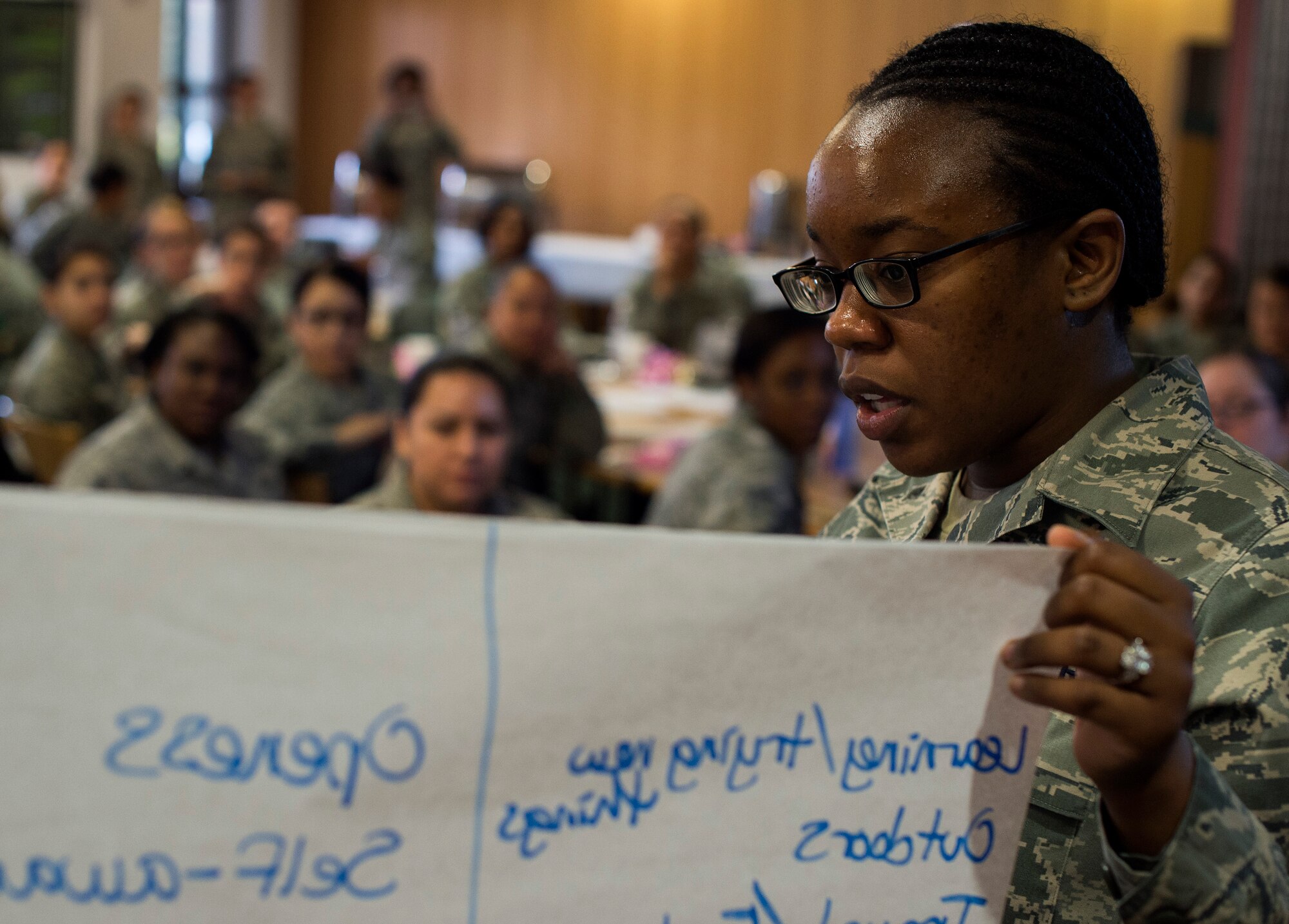 Senior Airman Jillian McCourt, 86th Logistics Readiness Squadron material management, shares her group’s personality traits during a seminar hosted by the ‘Lets Connect’ group at Ramstein Air Base, Germany, March 10, 2015. The forum was designed to confront issues unique to women balancing a military career and a personal life at home. Attendees had the opportunity to hear from women in leadership roles throughout the Kaiserslautern Military Community and ask them questions. They also took part in an exercise to better understand themselves and others around them, which in turn can foster leaders who can recognize the talents and potential of their followers. (U.S. Air Force photo/Senior Airman Damon Kasberg)