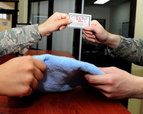 As part of a new innovation program, the Incirlik Air Base Fitness Center began offering hand towels to patrons free of charge March 12, 2015. The program allows patrons to register for a towel card, which can be traded for a fresh towel at the fitness center front desk during each visit. (U.S. Air Force photo by Senior Airman Krystal Ardrey/Released)