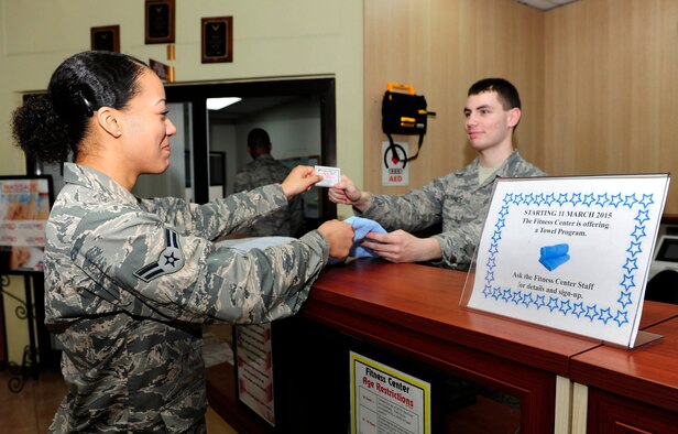 As part of a new innovation program, the Incirlik Air Base Fitness Center began offering hand towels to patrons free of charge March 12, 2015. The program allows patrons to register for a towel card, which can be traded for a fresh towel at the fitness center front desk during each visit. (U.S. Air Force photo by Senior Airman Krystal Ardrey/Released)