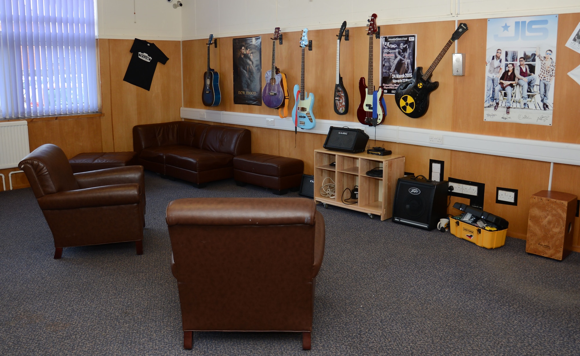 The 100th Force Support Squadron Bob Hope Community Center’s new music room is ready for use March 6, 2015, on RAF Mildenhall, England. The room will be reserved specifically for lessons; however, Airmen can call and reserve the room, check out the key at the front desk and play any instrument they wish. (U.S. Air Force photo by Gina Randall/Released)