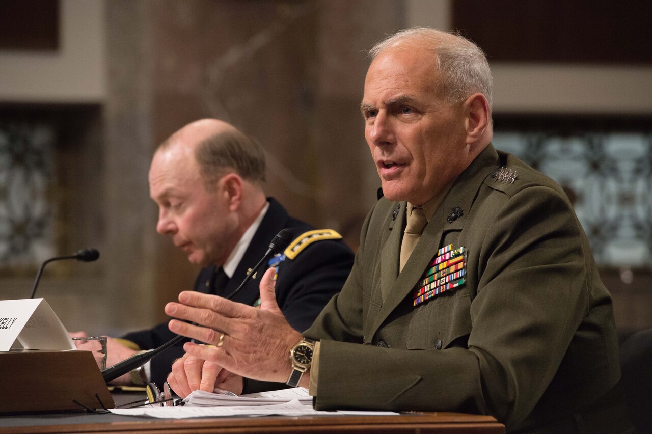 Marine Corps Gen. John F. Kelly, commander of U.S. Southern Command, testified before the Senate Armed Services Committee on March 12, 2015, on the posture of his area of responsibility in advance of the committee’s review of the Defense Authorization Request for fiscal year 2016. The photo shows Kelly before the committee in March 2014. DoD photo by Navy Petty Officer 1st Class Daniel Hinton