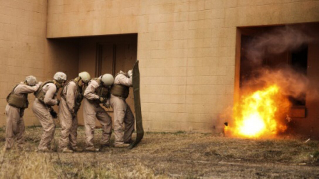 Marines with 2nd Explosive Ordnance Disposal Company, 8th Engineer Support Battalion stand in a line behind a shielding blanket as an explosive charge detonates during a dynamic entry sustainment course at a Military Operations in Urban Terrain exercise aboard Camp Lejeune, N.C., March 9, 2015. Explosive charges were used to shatter and open doors for quick entry into a secure space, while maintaining the element of surprise.