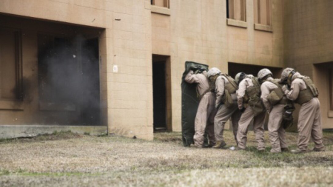 Marines with 2nd Explosive Ordnance Disposal Company, 8th Engineer Support Battalion stand in a line behind a shielding blanket as an explosive charge detonates during a dynamic entry sustainment course at a Military Operations in Urban Terrain exercise aboard Marine Corps Base Camp Lejeune, North Carolina, March 9, 2015. Explosive charges were used to shatter and open doors for quick entry into a secure space, while maintaining the element of surprise. 