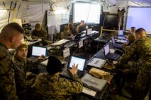 Marines with Combat Logistics Regiment 2, 2nd Marine Logistics Group, participated in a command post exercise aboard Marine Corps Base Camp Lejeune, N.C., March 6, 2015. The command post exercise was implemented to ensure that when participating in Exercise African Lion 15, the Marines of CLR-2 maintain readiness to accomplish their mission with minor setbacks along the way. (U.S. Marine Corps photo by Cpl. Krista James/Released)