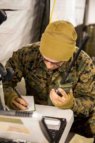 Pfc. David Burger, a radio operator with Combat Logistics Regiment 2, 2nd Marine Logistics Group, writes down coordinates during a command post exercise aboard Marine Corps Base Camp Lejeune, N.C., March 6, 2015. Marines with CLR-2, 2nd MLG, train to provide direct support of all Marine Air-Ground Task Force missions and coordinate surge tactical logistics as required by its concept of operations. (U.S Marine Corps photo by Cpl. Krista James/Released)