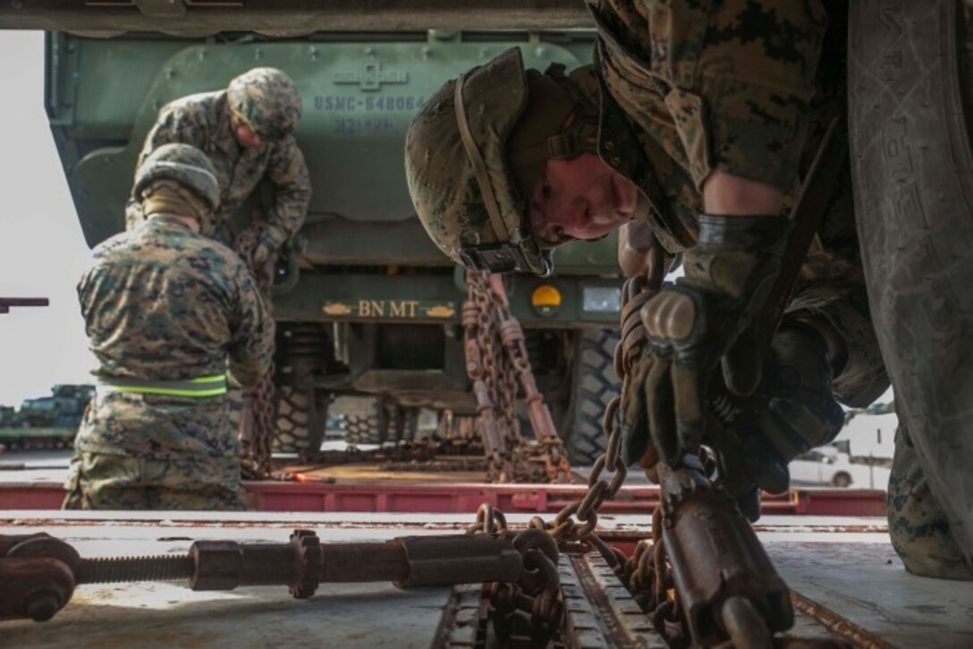 Marines with 2nd Tank Battalion, 2nd Marine Division, chain  vehicles onto railcars during a railhead operation aboard Camp Lejeune, N.C., Feb. 13, 2014. Assault amphibious vehicles, M1A1 tanks, Humvees and other cargo were loaded to be sent to Fort Pickett, Va., where 2nd Tanks and other supporting elements will be conducting training. (U.S. Marine Corps photo by Cpl. James R. Smith/Released)