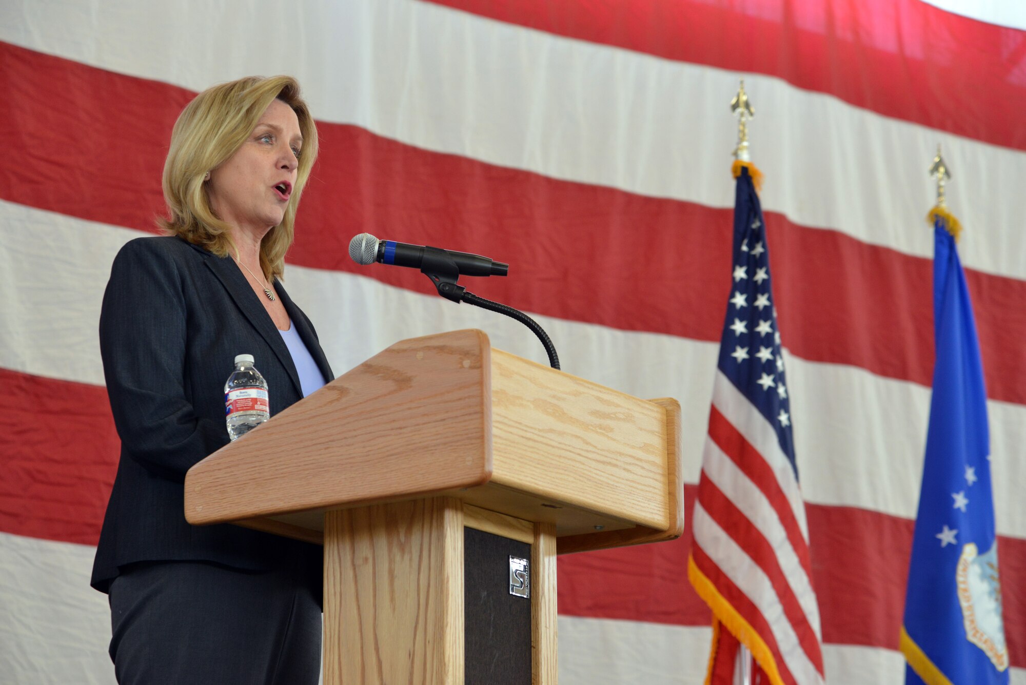 Secretary of the Air Force Deborah Lee James addresses an audience March 10, 2015, during an all-call at Kirtland Air Force Base, N.M. James discussed the importance of diversity and air power in meeting current and future challenges. (U.S. Air Force photo/Ken Moore)