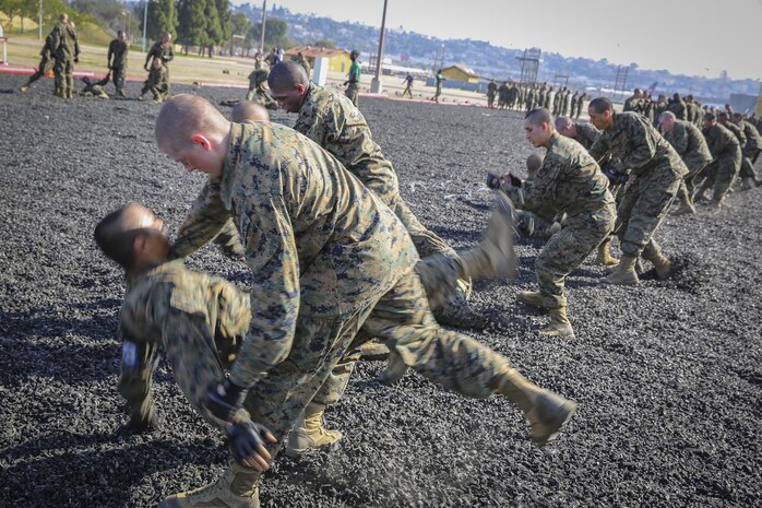 Recruits of India Company, 3rd Recruit Training Battalion, perform a leg sweep during the Marine Corps Martial Arts Program test at Marine Corps Recruit Depot San Diego, Feb. 18.  Recruits perform MCMAP techniques in a rubber tire pit, which allows them to properly execute throws without fear of seriously hurting another recruit.
