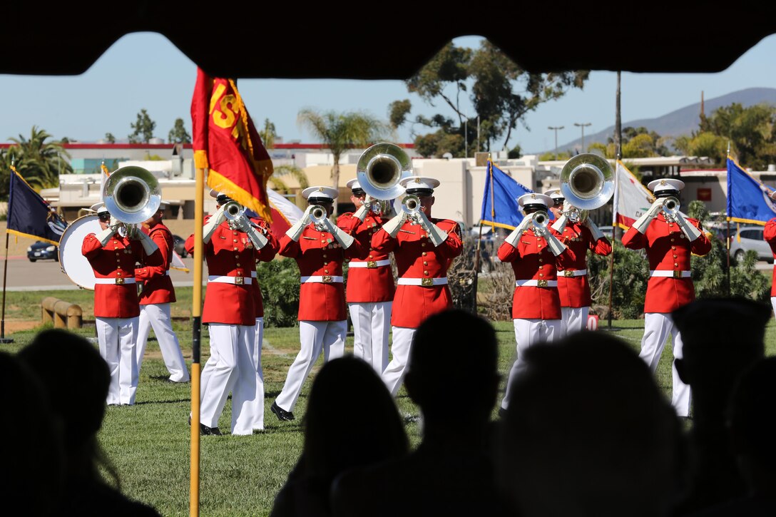 Marines with “the Commandant’s Own” Drum and Bugle Corps perform aboard Marine Corps Air Station Miramar, Calif., March 13. The Battle Colors Ceremony consists of a performance by the Silent Drill Platoon and “the Commandant’s Own” Drum and Bugle Corps.