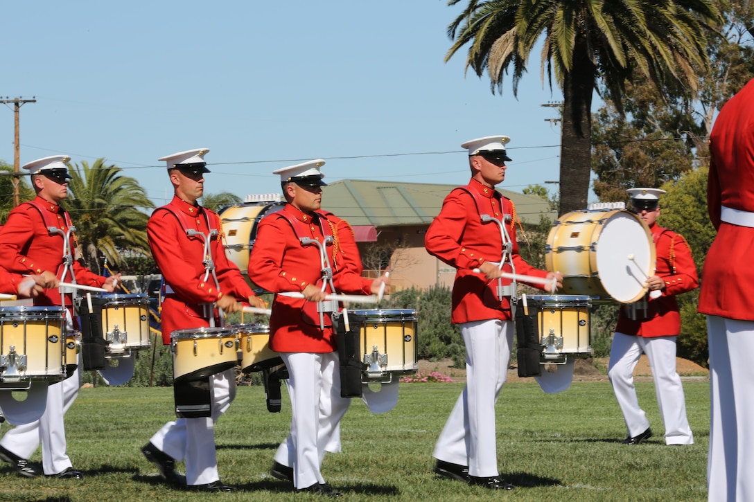 Marines with the Drum and Bugle Corps drum during a visit to Marine Corps Air Station Miramar, Calif., March 13. The Drum and Bugle Corps is also referred to as “the Commandant’s Own.”