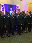 Senior Airman Trenecia Davis, an airfield management operations coordinator from the 15th Operations Support Squadron, stands (second row center) with her fellow competitors during the 2015 Tops In Blue auditions on Joint Base San Antonio-Lackland Air Force Base, Texas, March 1, 2015. (Photo courtesy of Senior Airman Trenecia Davis)