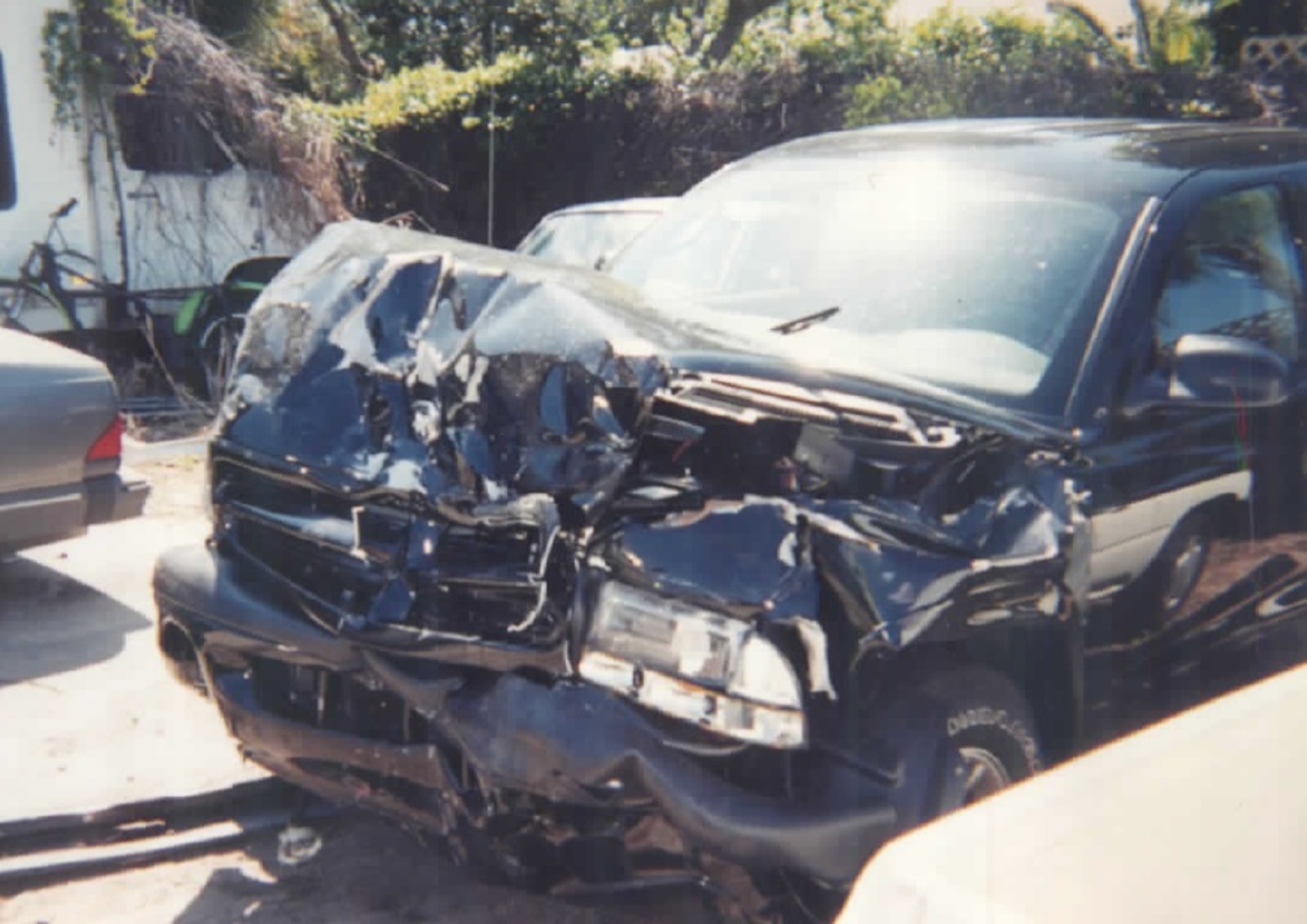 Pictured is the vehicle that hit the car of Roberta Clark, 45th Space Wing Safety, at the main gate of Patrick Air Force Base, Fla., April 11, 2003. The vehicle ran the red light when Clark was exiting the main gate and crashed into her. (Courtesy photo)
