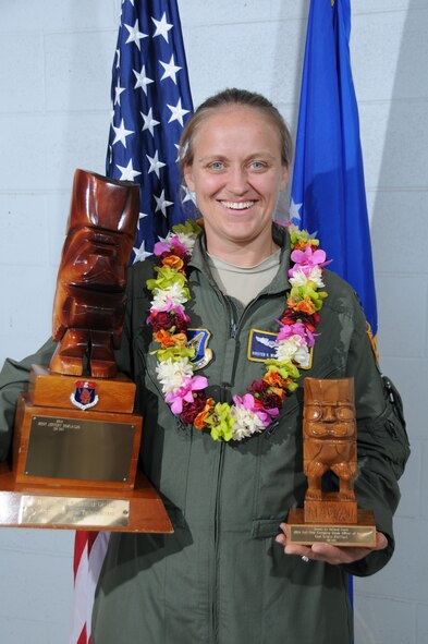 U.S. Air Force Capt. Kristin Wolfford, Hawaii Air National Guard 150th Air Operations Squadron, wins the Full Time Company Grade Officer of the Year Award during the 2015 Launa 'Ole Awards ceremony at Joint Base Pearl Harbor-Hickam, Hawaii March 8, 2015. Launa ‘Ole means “beyond comparison” or “without peer" in the Hawaiian language (U.S. Air National Guard photo by Airman 1st Class Robert Cabuco)


