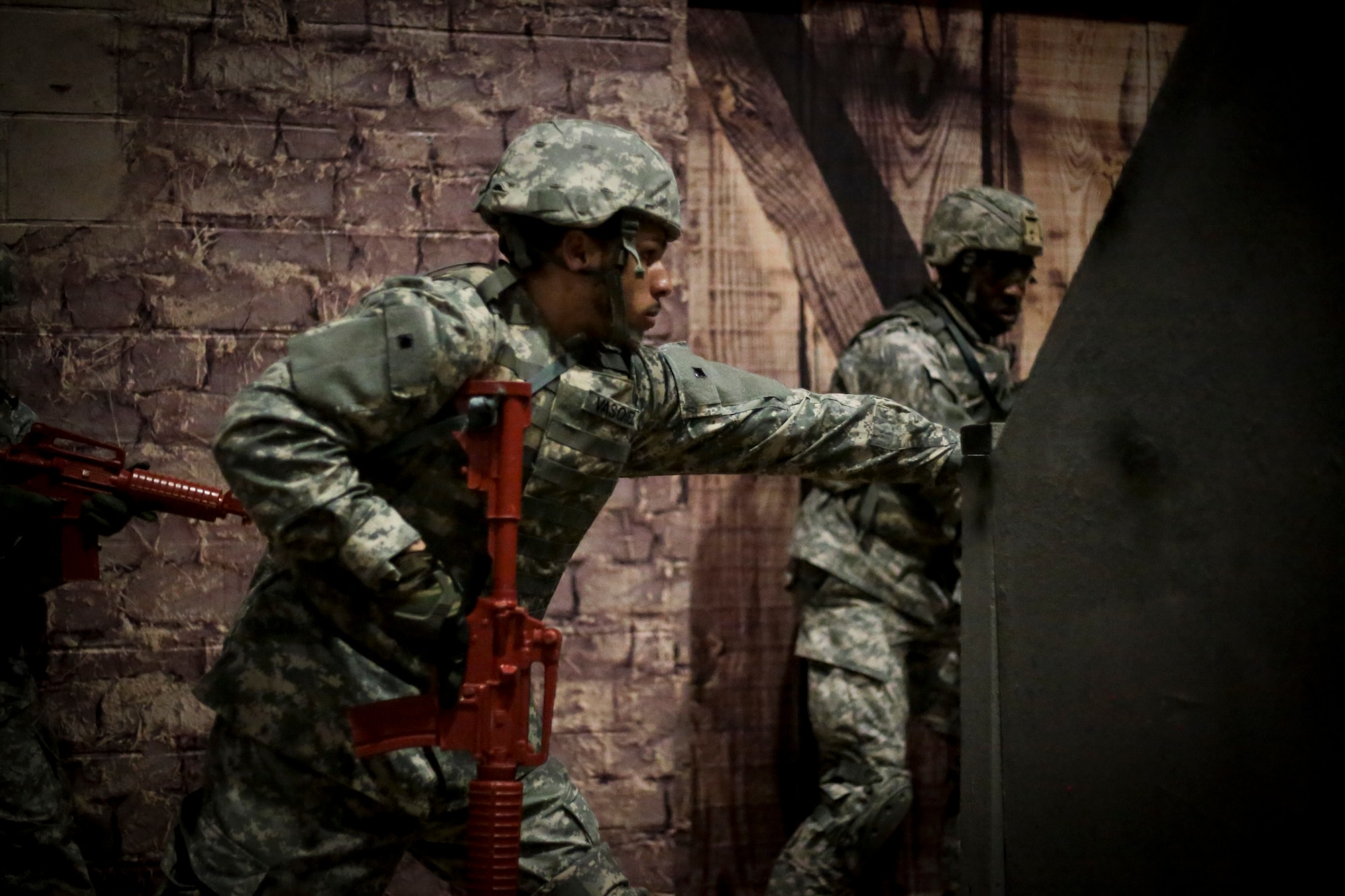 U.S. Army Soldiers participate in a Modern Army Combatives Program (MACP) training scenario at the New Jersey National Guard Training and Training Technology Battle Lab at Joint Base McGuire-Dix-Lakehurst, N.J., March 11, 2015. The Battle Lab features numerous combat simulators, as well as an indoor urban area for ground combat training. (U.S. Air National Guard photo by Tech. Sgt. Matt Hecht/Released)