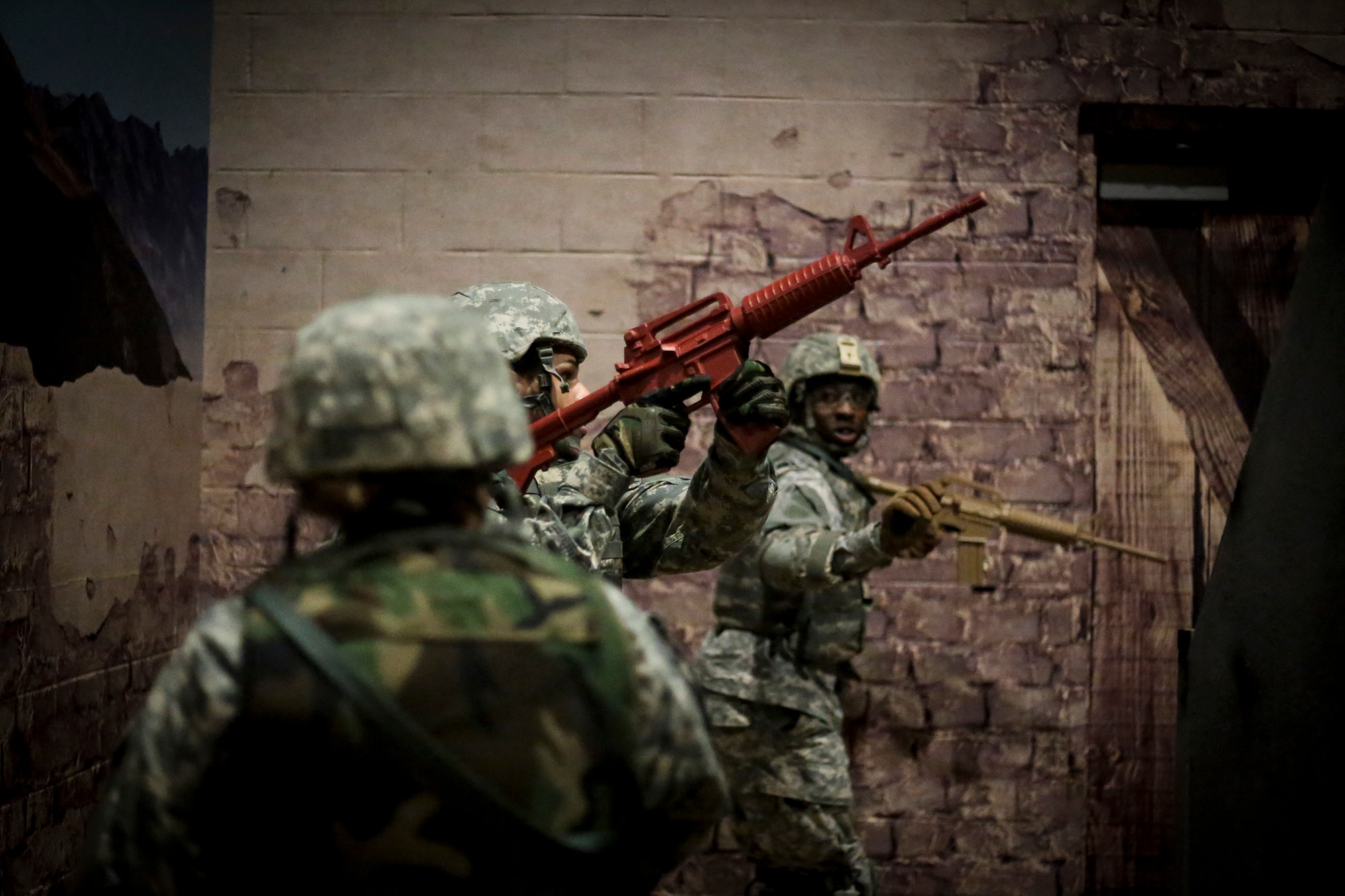 U.S. Army Soldiers participate in a Modern Army Combatives Program (MACP) training scenario at the New Jersey National Guard Training and Training Technology Battle Lab at Joint Base McGuire-Dix-Lakehurst, N.J., March 11, 2015. The Battle Lab features numerous combat simulators, as well as an indoor urban area for ground combat training. (U.S. Air National Guard photo by Tech. Sgt. Matt Hecht/Released)