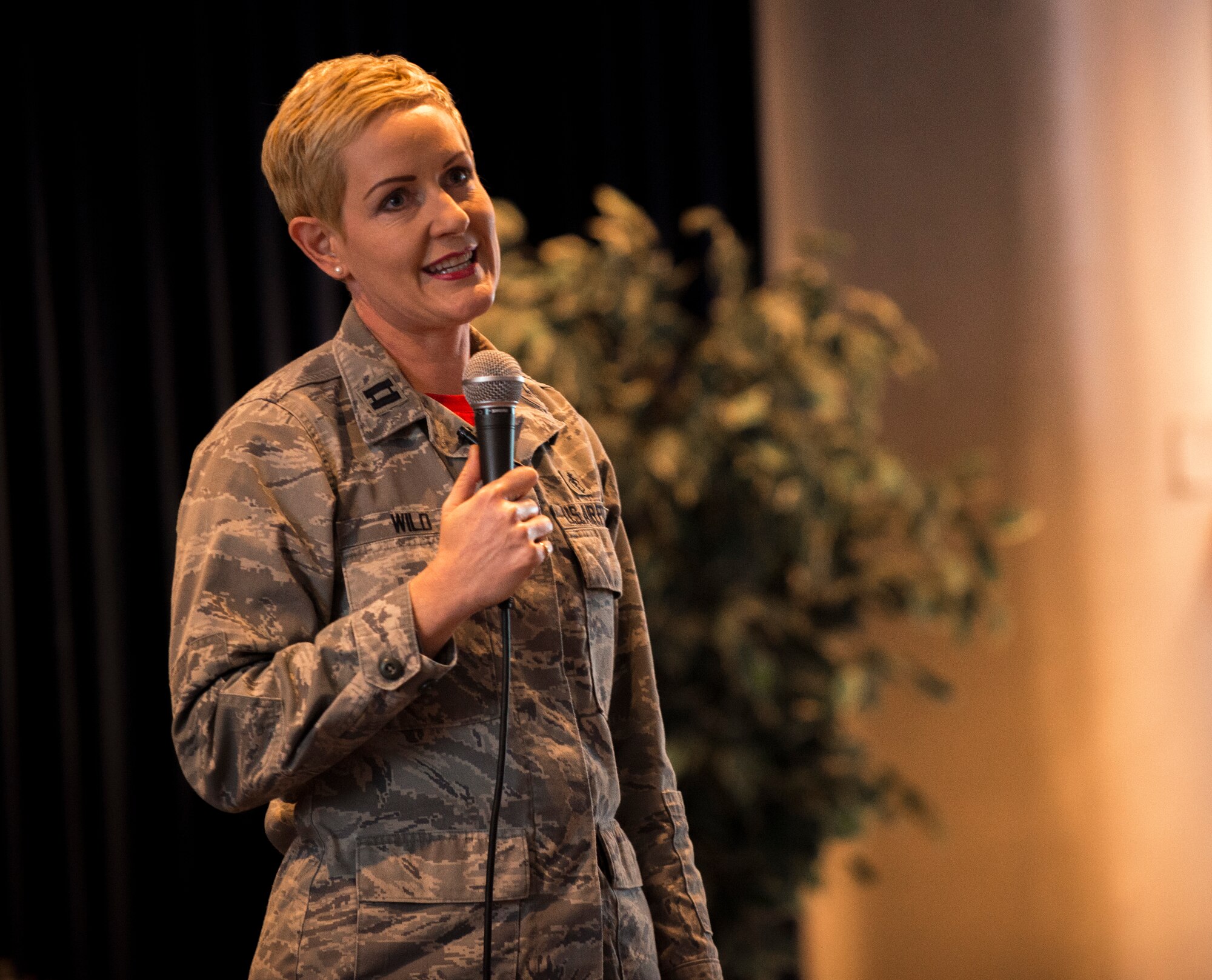 Capt. Elaina Wild, 39th Medical Operations Squadron family practice Capt., expresses her story at a Woman’s History Month Storytellers event March 9, 2015, at Incirlik Air Base, Turkey. Wild was born in Zimbabwe and talked about her journey from, working with witch doctors to modern medicine in the Air Force. (U.S. Air Force photo by Airman Cory W. Bush/Released)