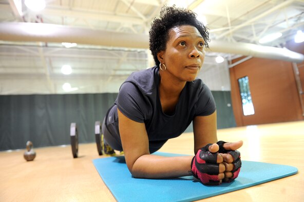 Loretta Rayford, a production management specialist in the 411th Supply Chain Management Squadron, gets in a workout at the Fitness Center. (U.S. Air Force photo by Tommie Horton)