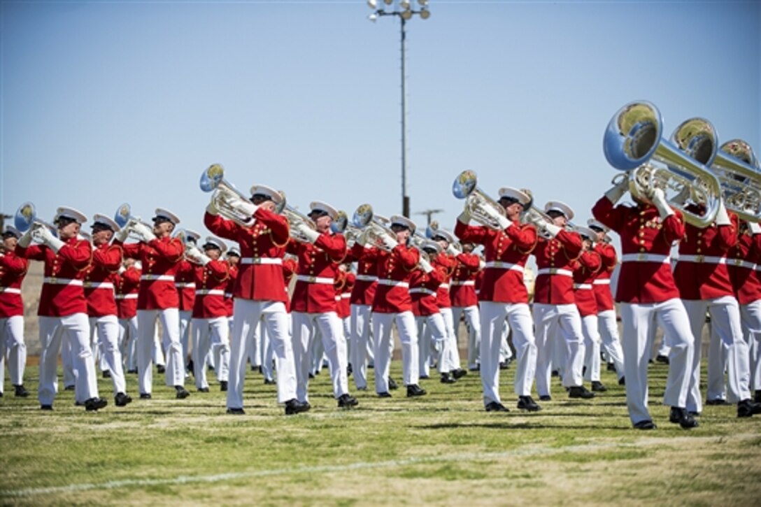 The "Commandant's Own" U.S. Marine Drum and Bugle Corps performs on Marine Corps Logistics Base Barstow, Calif., March 10, 2015.