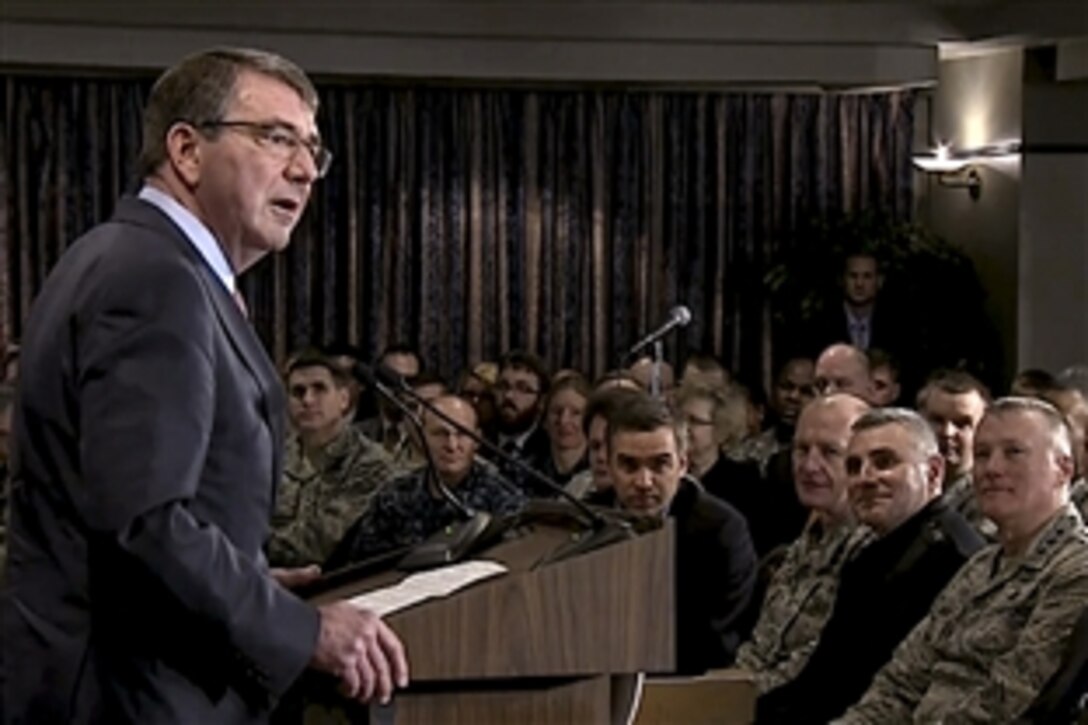 Defense Secretary Ash Carter addresses the workforce at U.S. Cyber Command on Fort Meade, Md., March 13, 2015. Carter, who thanked workers for the service they provide to the country, also toured the facility and met earlier with Navy Adm. Michael S. Rogers, commander of U.S. Cyber Command and director of the National Security Agency and Central Security Service.  