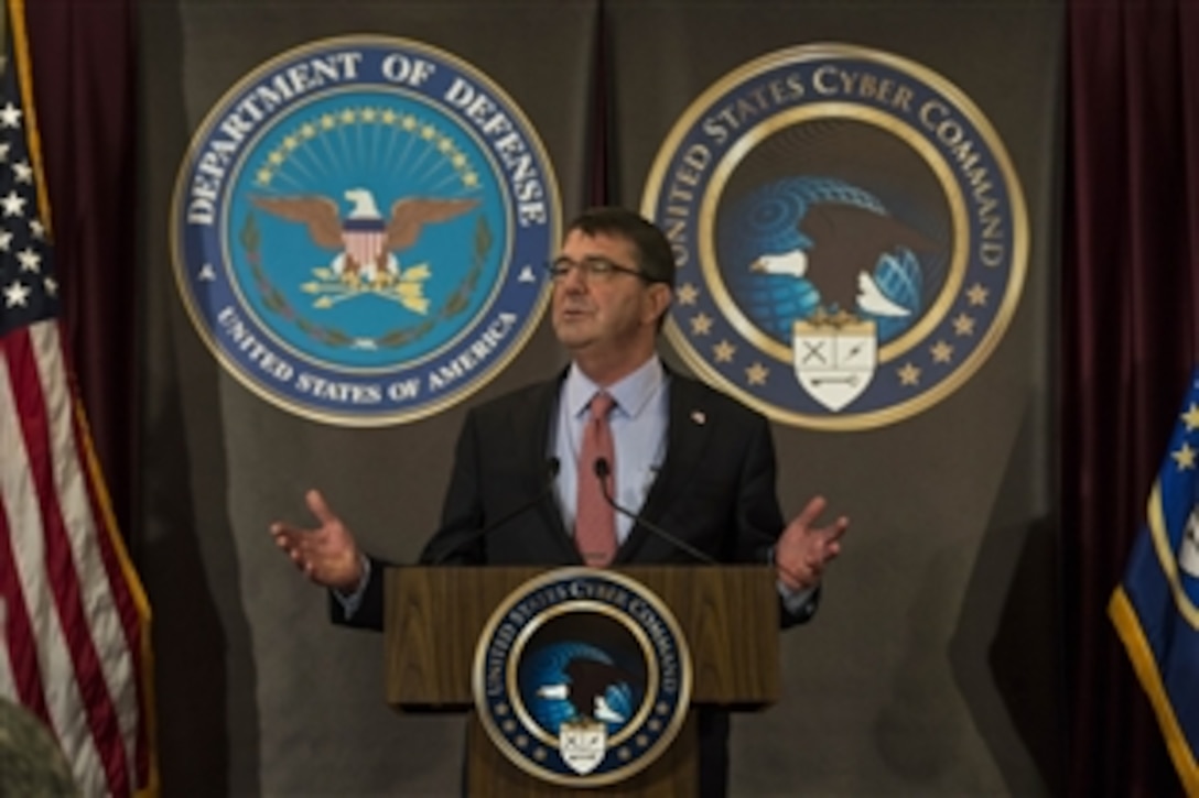 Defense Secretary Ash Carter addresses the workforce at U.S. Cyber Command on Fort Meade, Md., March 13, 2015. Carter, who thanked workers for the service they provide to the country, also toured the facility and met with Navy Adm. Michael S. Rogers, commander of U.S. Cyber Command and director of the National Security Agency and Central Security Service. 