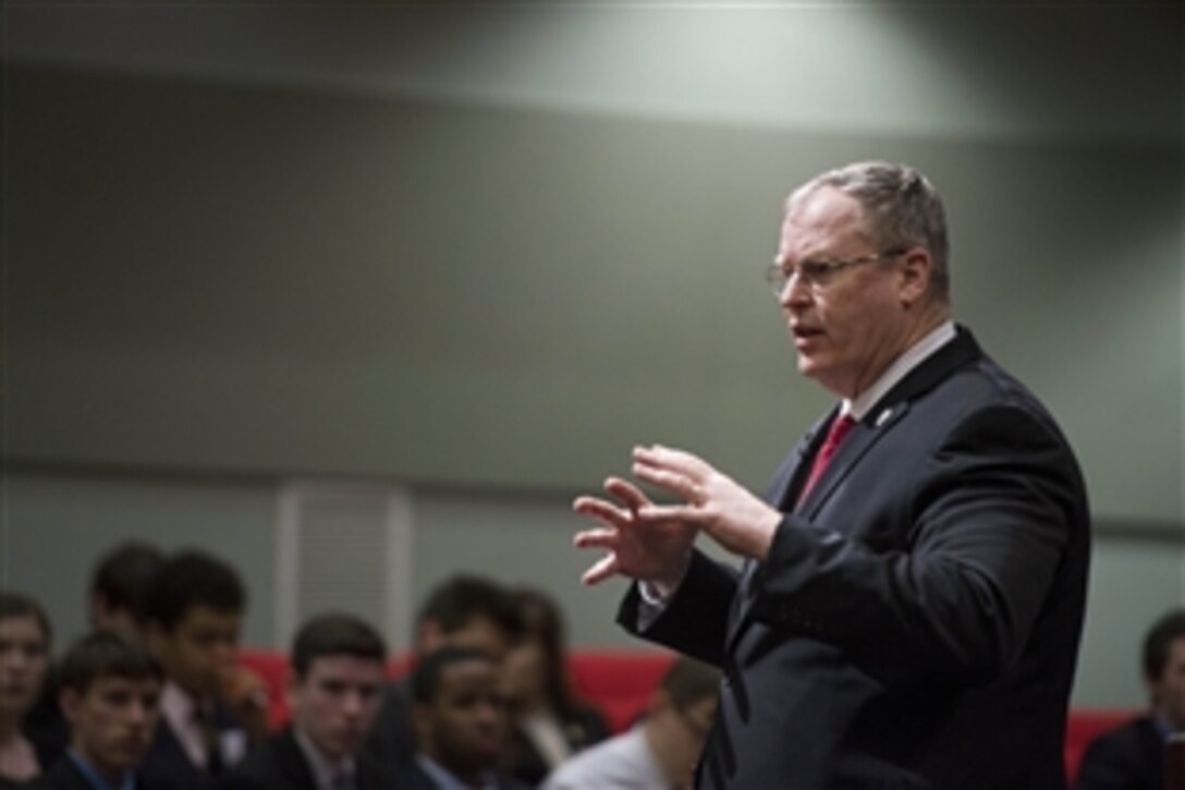 Deputy Defense Secretary Bob Work addresses members of the U.S. Senate Youth Program at the Pentagon, March 13, 2015. Work explained how the department functions and answered questions from the group.
