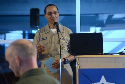 U.S. Navy Adm. Cecil D. Haney, U.S. Strategic Command commander, speaks during the Strategic Air and Space Museum's EC-135, tail number 63-8049, "Looking Glass" aircraft restoration kickoff event, Ashland, Neb., March 13, 2015. The airframe was used by Strategic Air Command from 1964 through 1990 to provide a survivable aerial command and control platform in the event that underground command centers, alternate command posts, or ground-based communications were lost. The EC-135 also served as an alternate method to launch the Minuteman/Peacekeeper missiles if needed. After its final continuous mission on July 24, 1990, the 63-8049 spent nearly three years on ground alert duty before being transferred to the Strategic Air and Space Museum on March 2, 1993. SAC was disestablished June 1, 1992, and USSTRATCOM was created Oct. 1, 1992 and given responsibility for the nation's strategic forces. Today, USSTRATCOM is one of nine DoD unified combatant commands and is charged with strategic deterrence, space operations, cyberspace operations, joint electronic warfare, global strike, missile defense, intelligence, surveillance and reconnaissance, combating weapons of mass destruction, and analysis and targeting. (USSTRATCOM photo by U.S. Air Force Staff Sgt. Jonathan Lovelady)  More photos on Flickr at https://www.flickr.com/photos/usstratcom/sets/72157651330102211/