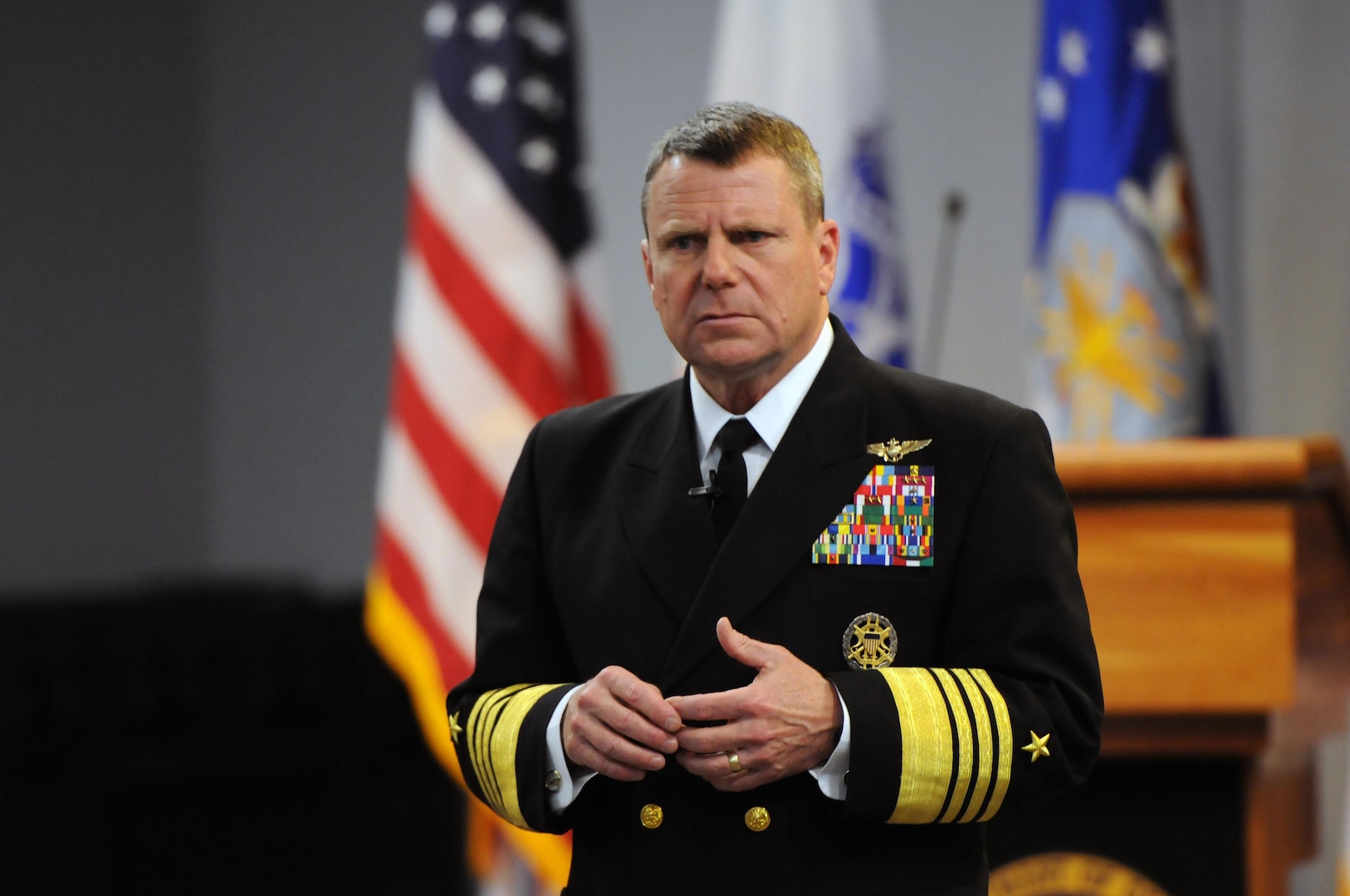 Adm. Bill Gortney, commander, U.S. Northern Command and North American Aerospace Defense Command, at the winter National Guard Senior Leader Conference, Arlington Hall Station, Arlington, Virginia, Feb. 24, 2015. On Thursday, he called the New York National Guard’s 109th Airlift Wing’s capabilities “absolutely critical” to mission success in the Arctic. (U.S. Army National Guard Sgt. 1st Class Jim Greenhill) (Released)