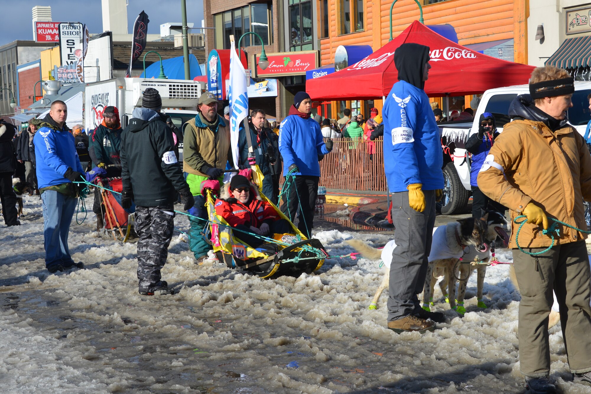 Members of the 477th Fighter Group work as dog handlers during Iditarod 2015 to support the Air Force Reserve's recruiting mission. This year marks the 43rd running of the Iditarod and the first year of the Air Force Reserve’s sponsorship. (U.S. Air Force/Capt. Megan Liemburg-Archer)