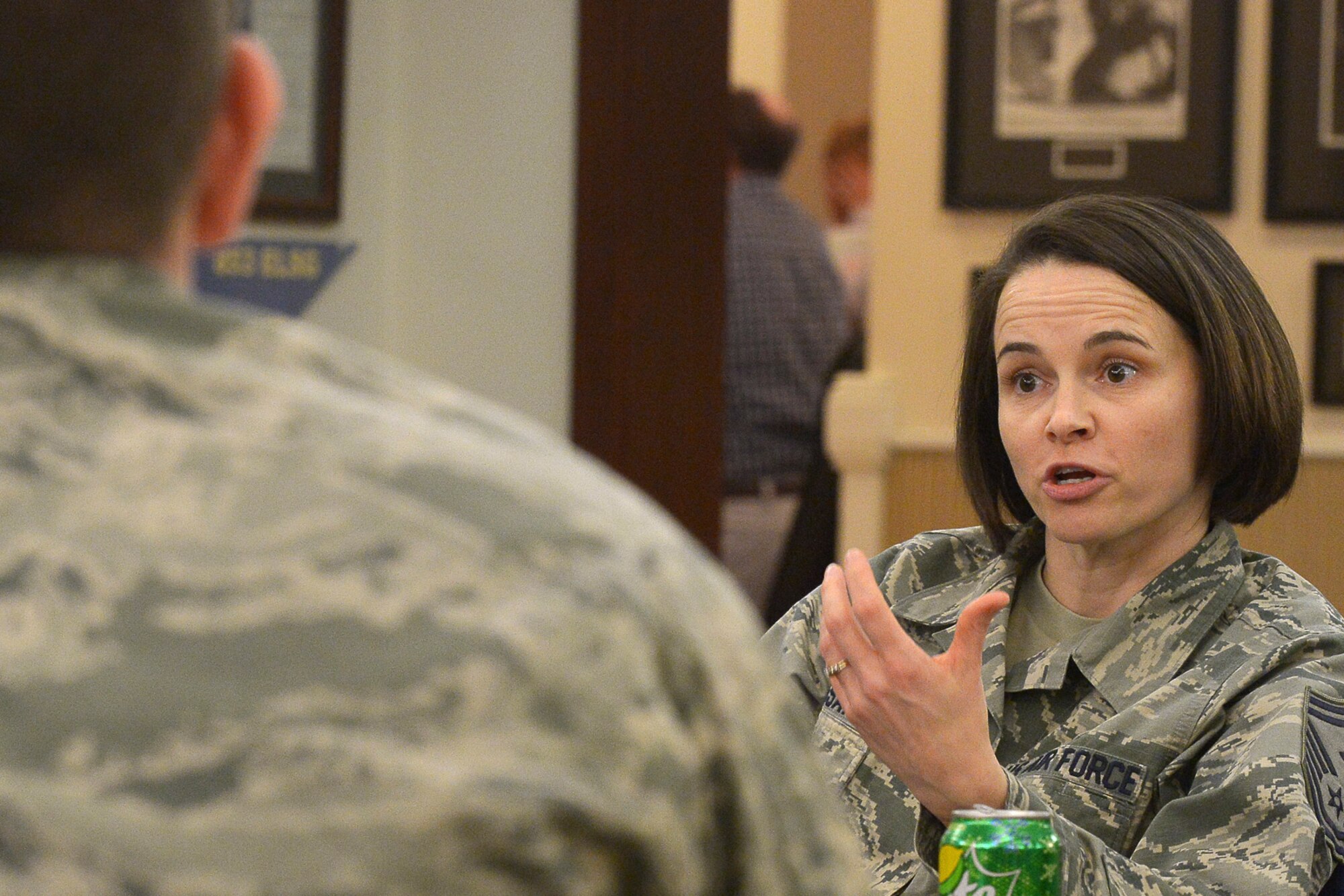 Senior Master Sgt. Pattie Hassan, Air Force Life Cycle Management Center and 66th Security Forces Squadron first sergeant, speaks with Worcester Polytechnic Institute Detachment 340 Air Force Reserve Officers Training Corps cadets during a mentoring session at the Minuteman Commons, March 10. The cadets asked the Senior NCO’s for ways a new officer can lead enlisted Airmen. (U.S. Air Force photo by Jerry Saslav)