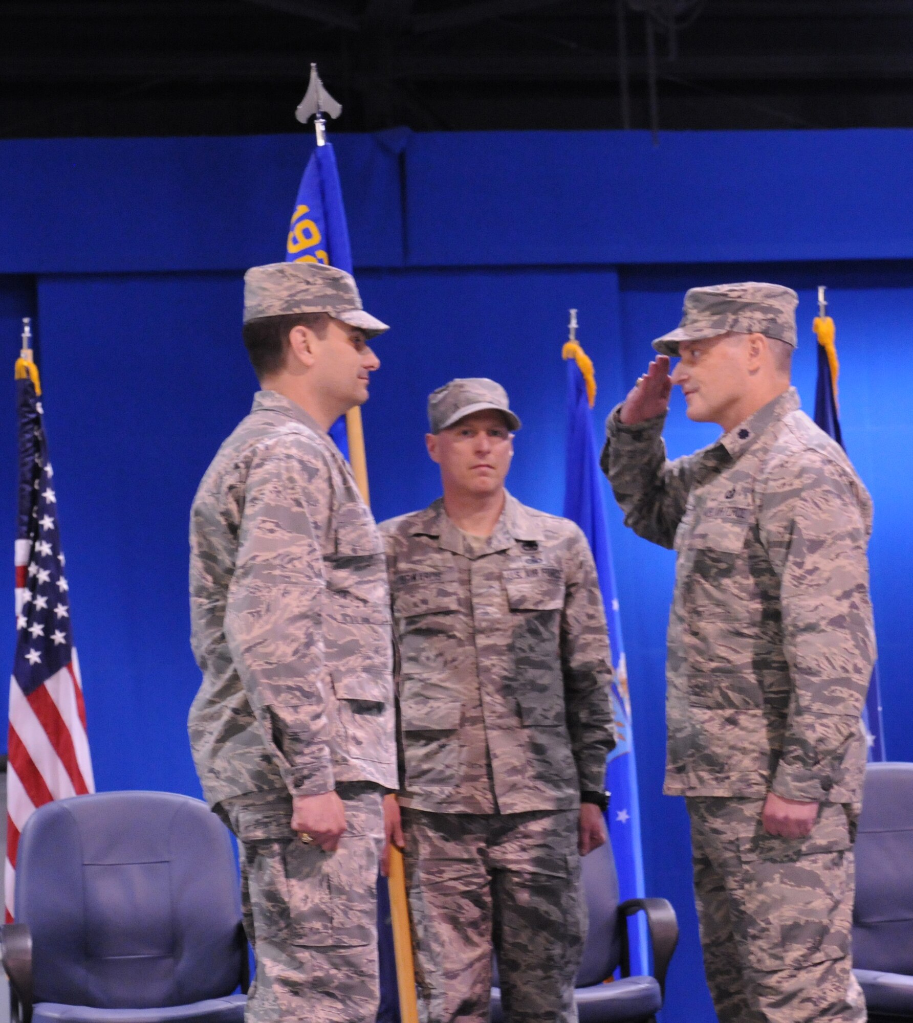 The Virginia Air National Guard's 192nd Supply Chain Management Squadron celebrated a change of command during a ceremony held Feb. 22, at Joint Base Langley-Eustis where Lt. Col. David W. Bennett assumed command of the SCMS from Maj. Mark W. Widener. (U.S. Air National Guard photo by Tech. Sgt. Meghan Skrepenski/Released)